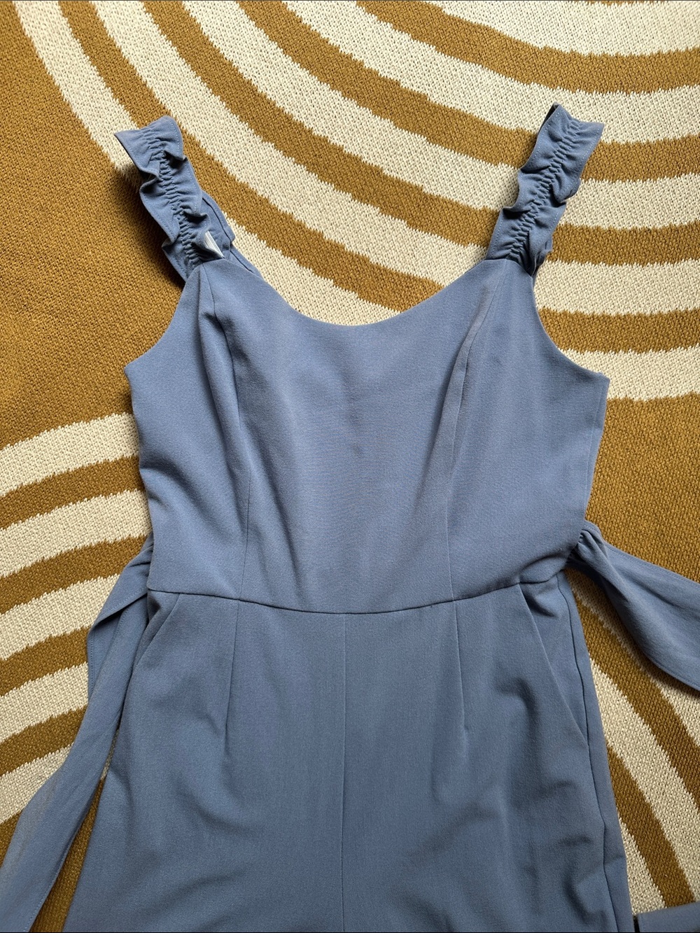 Ruffle-Shoulder Wide-Leg Jumpsuit in Dusty Blue